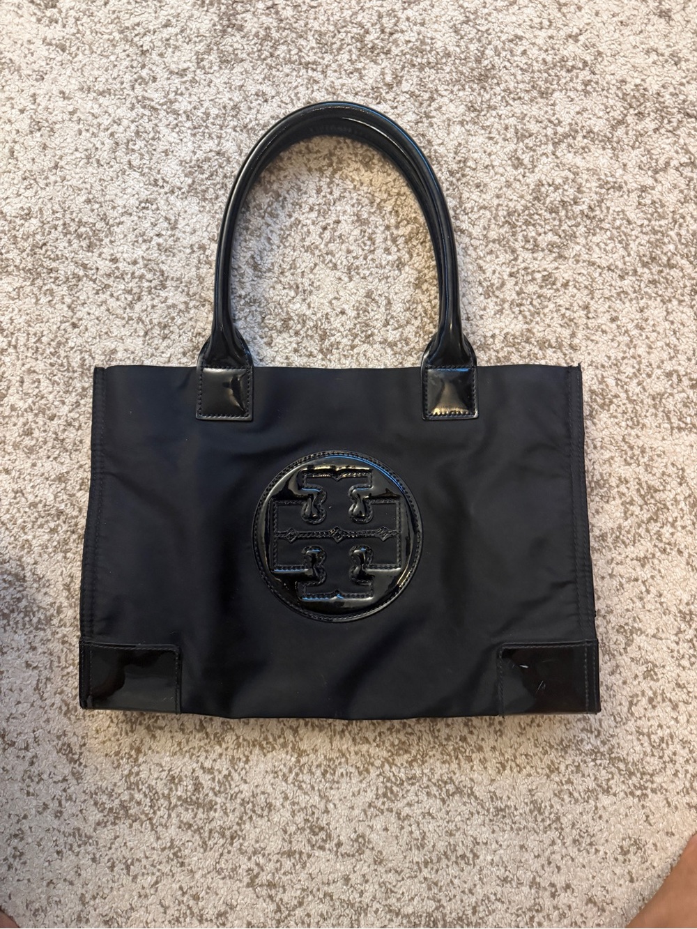 Tory Burch Black Nylon Tote with Patent Logo